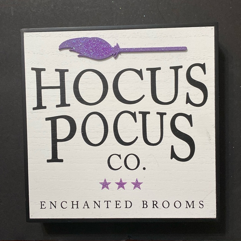 HOCUS POCUS CO. ENCHANTED BROOMS Wooden Sign, Black & White w/Purple Broom NWT